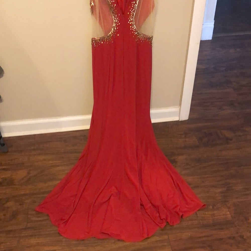 GLS Red With Gold Beads Long Prom Dress With Slit - Picture 12 of 14